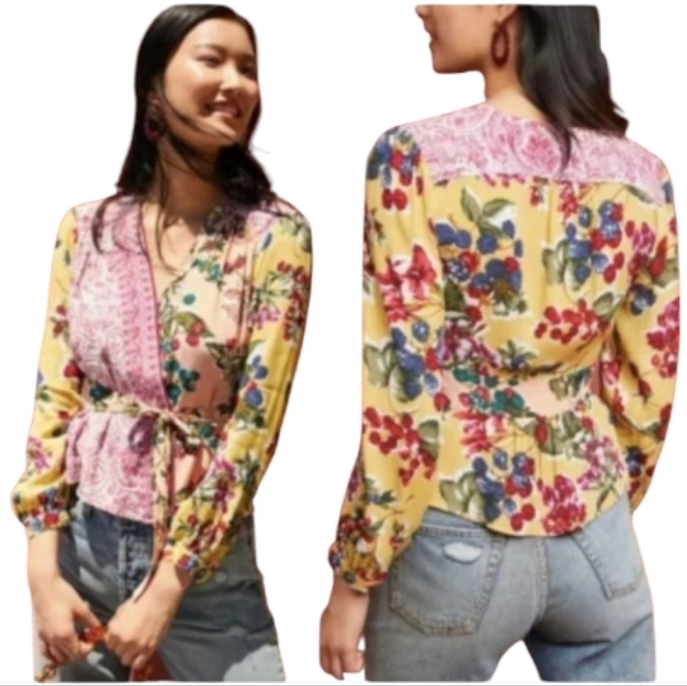 Anthropologie Meadow Rue Mixed Print Patchwork Floral Berry Wrap Blouse Size 8